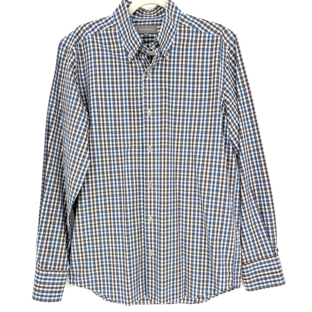 Neiman Marcus Mens Blue Gray Plaid Cotton Long Sleeve Button Down Shirt Medium